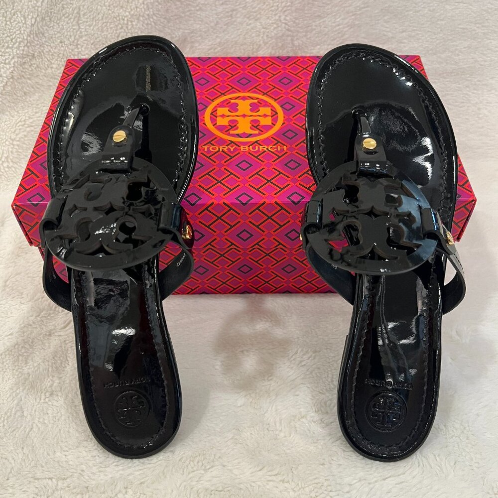 9.5 Tory Burch Miller Patent Calf Leather Sandals - Perfect Black Patent